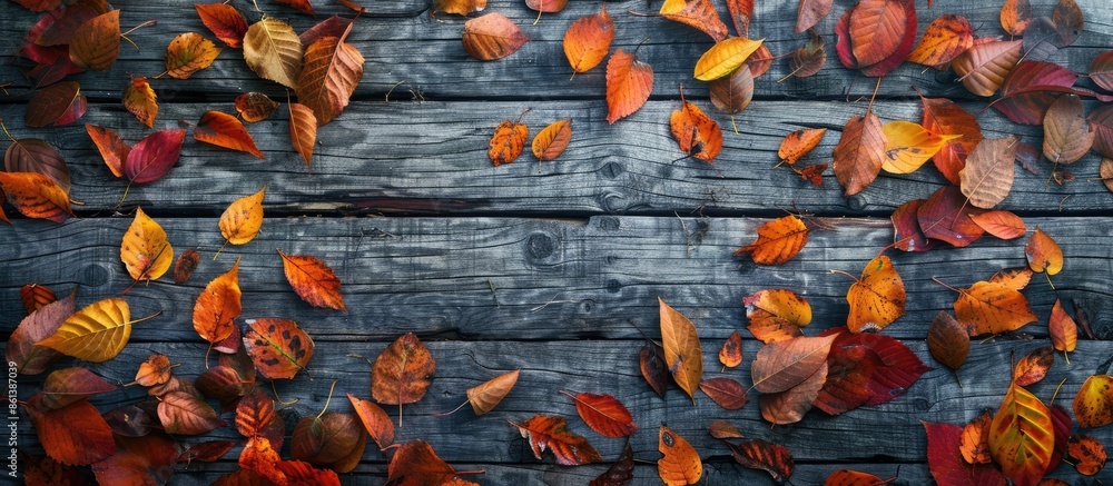 Poster autumn leaves showcased on a wooden backdrop with a flat view, perfect for a copy space image.