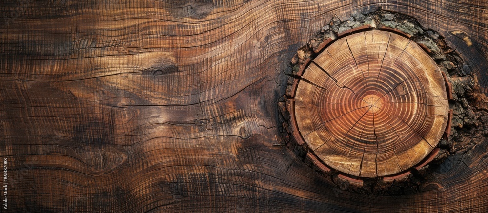 Poster Tree cross section on antique wood backdrop with copy space image.