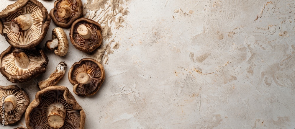 Poster Background with dried shiitake mushrooms in copy space image.