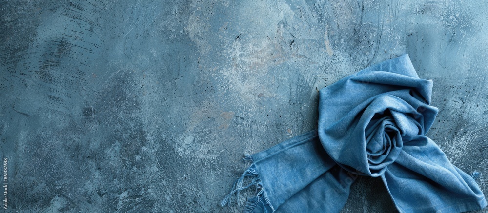 Poster minimal style top view of blue kitchen napkin folded on a table surface, providing a copy space imag