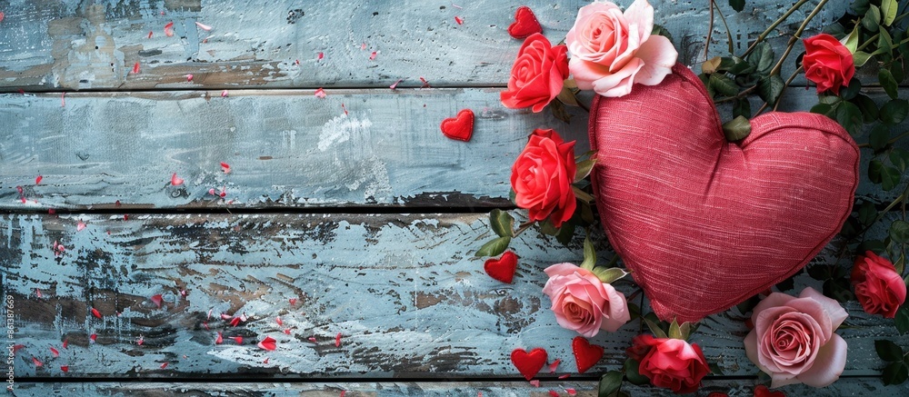 Poster valentine's day background with a red heart pillow and pink roses on a textured wooden surface, idea