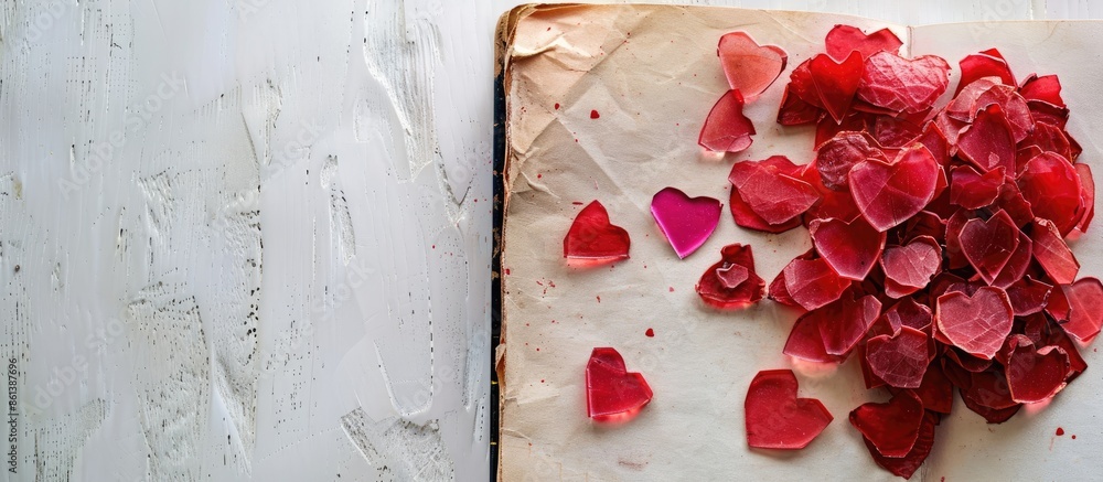 Aufkleber Red and pink heart-shaped shards placed on a vintage notebook against a white background with a copy space image.