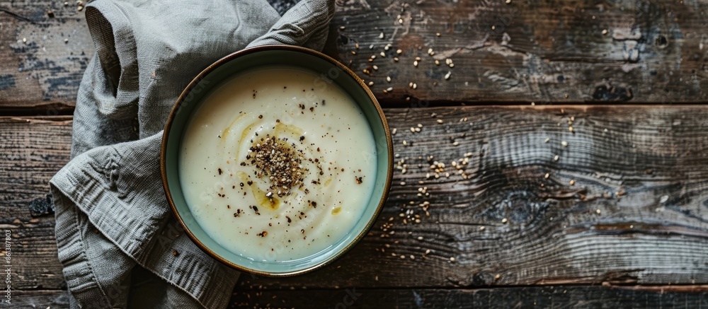 Poster From above, a creamy broccoli soup in a green bowl sits on a rustic table, with a backdrop suitable for added elements in the frame, such as a copy space image.