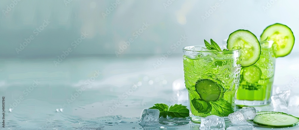 Poster cool green cucumber cocktail on a light background with copy space image.
