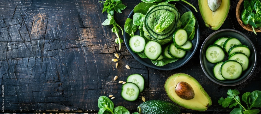 Poster spinach pancakes with cucumber, avocado, and greens displayed on a dark wooden surface from a top vi