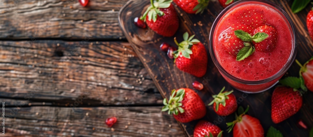 Poster image of a strawberry smoothie on a wooden surface with ample copy space.
