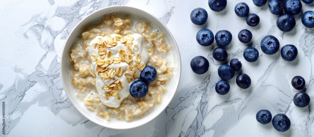 Poster Flat lay composition featuring delicious oatmeal topped with blueberries and yogurt on a marble surface with copy space image available.