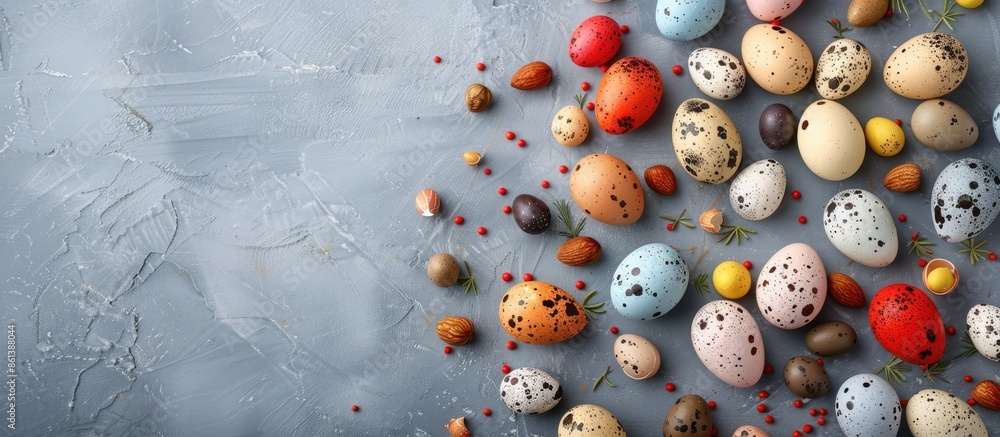 Aufkleber Top view Easter-themed flat lay with colored quail eggs as decoration on a background leaving room for additional elements in the image.