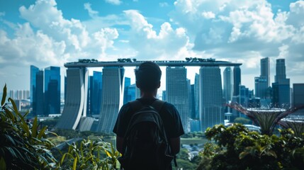 A young man exploring the urban jungle of Singapore, with Marina Bay Sands in the background
