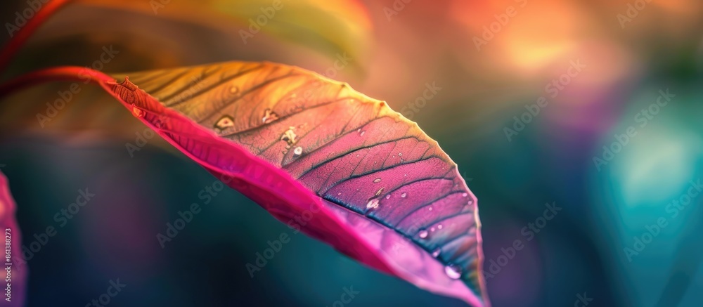 Poster macro photo of a colorful flower leaf with a blurred background in copy space image.