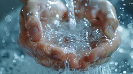 Close-Up of Hands Cupping Clear Water Splashing in Soft Light