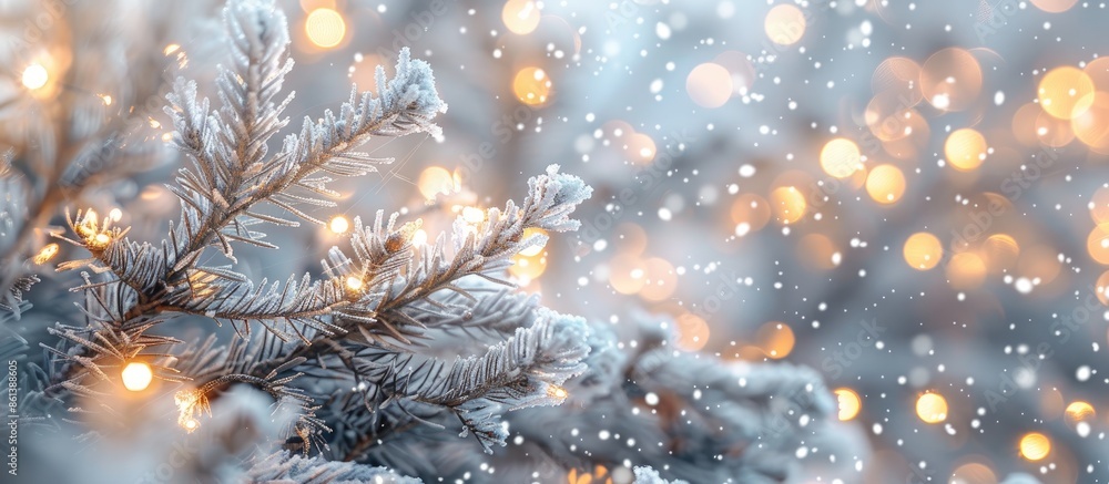 Poster Close-up image of snowy coniferous branches adorned with lights, creating a winter Christmas abstract background ideal for use as a copy space image.