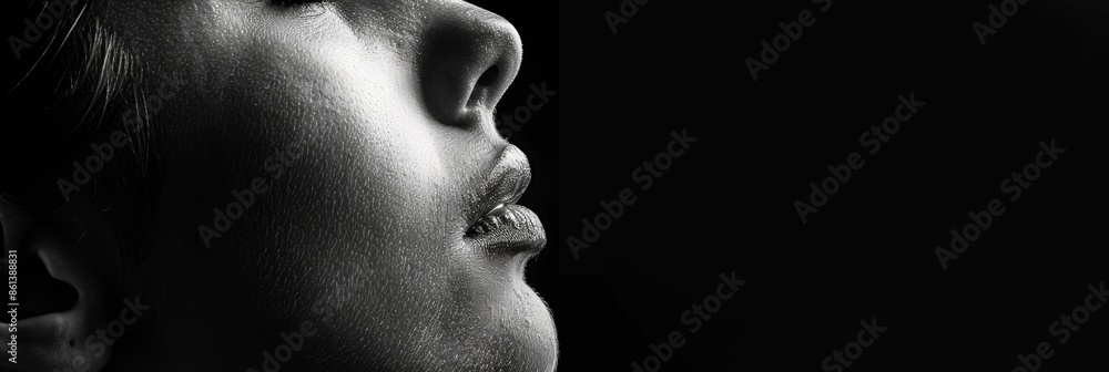 Poster the soft contours and lines of a side profile are contrasted against the deep dark shadows surroundi