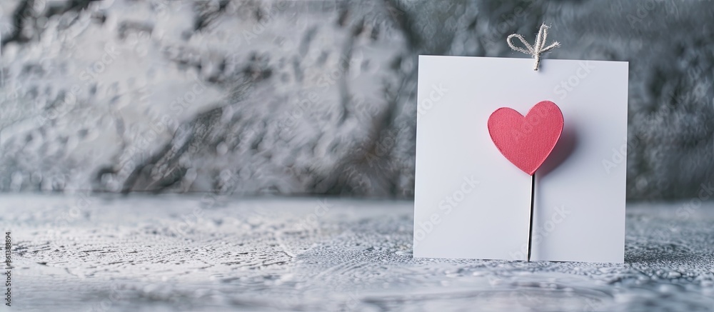 Poster heart-shaped paper pin attached to white note paper, creating a greeting card concept. visualizing a