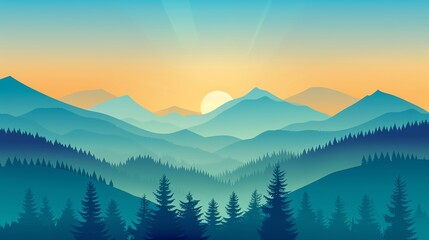Obraz premium Beautiful sunrise over a serene mountain landscape with layers of hills and dense pine forests under a colorful sky.