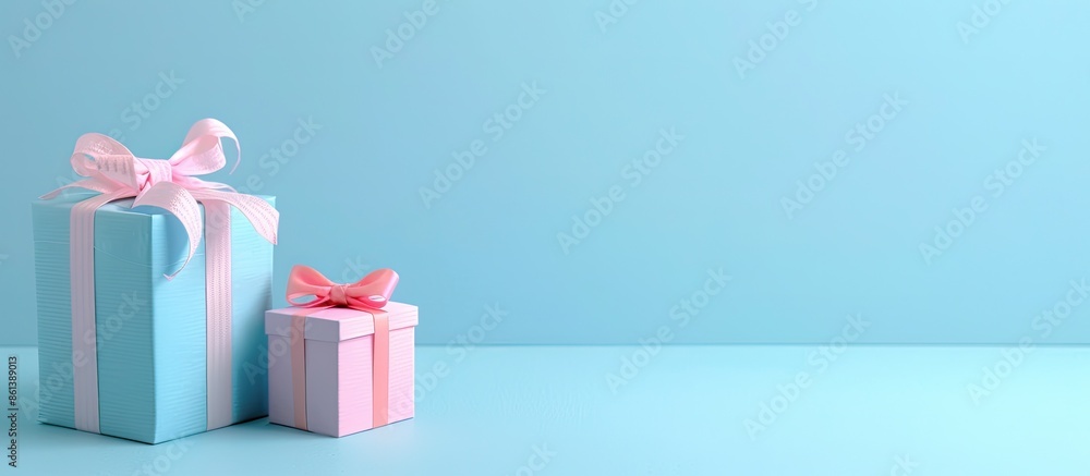 Poster Minimalist photography showcasing two gift boxes in pink and blue hues on a serene blue backdrop with available space for text and a clean aesthetic, suitable for a copy space image.