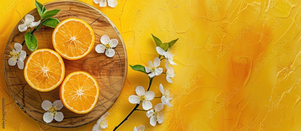 Aufkleber top view of a wooden board with a sliced orange and a blossoming branch placed on a yellow backdrop,
