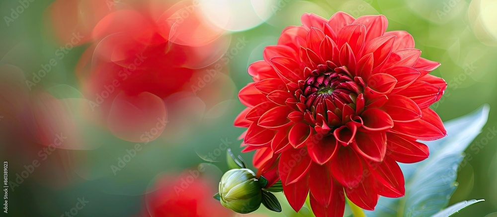Poster a red flower in the park shown up close in the copy space image.