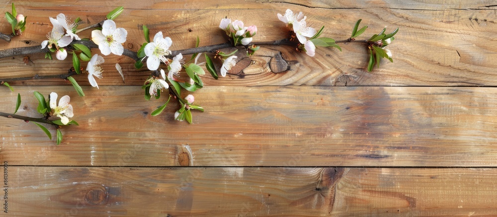 Poster Apricot tree branch in bloom against a wooden backdrop with a clear copy space image.