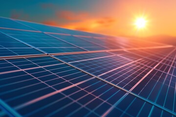 Solar panels capturing sunlight during a vibrant sunset, showcasing renewable energy technology and sustainable power solutions.