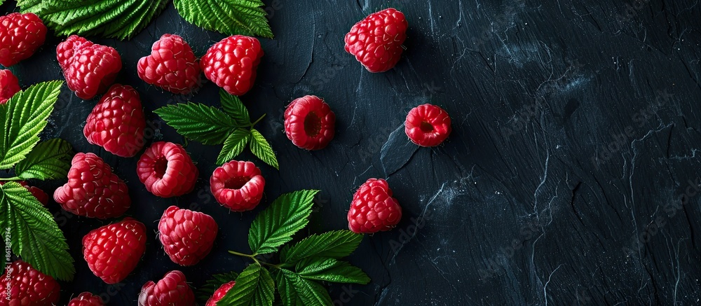 Poster concept of healthy eating and nutrition depicted in this image of vibrant red raspberries with green