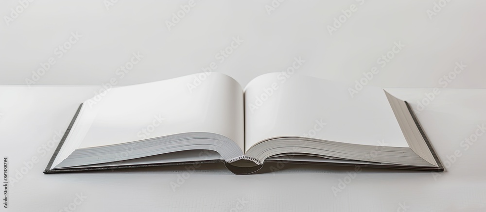 Aufkleber an open book with empty pages placed on a clean desk with a white background for a copy space image.