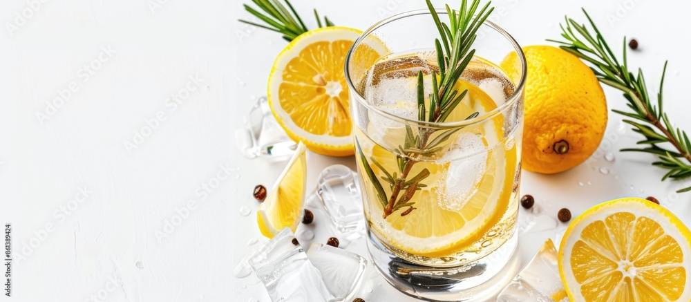 Aufkleber Gin cocktail garnished with lemon slices and juniper sprig on a white background. Ideal for adding your message, with copy space image.
