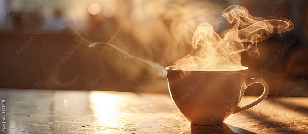 Poster a steaming cup of coffee with copy space image to show its rich aroma.