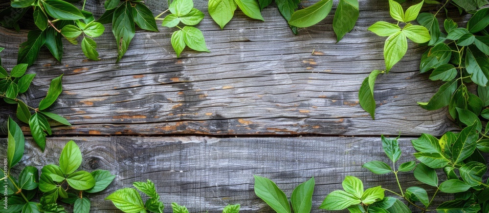 Poster an aged wooden board with a natural wood texture is adorned with a green leaf ribbon frame in a copy