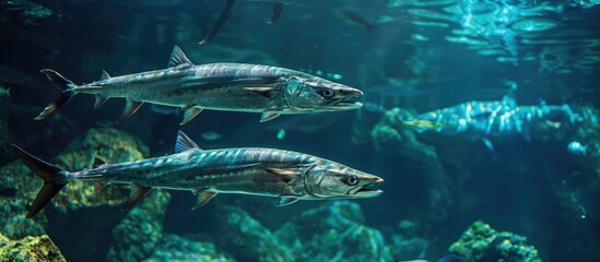 Obraz premium Majestic great barracudas swimming in the vast ocean undersea habitat with copy space image.