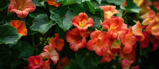 Close-up image of vibrant red and orange Trumpet vine flowers blooming against a backdrop of lush green leaves, offering ample copy space.