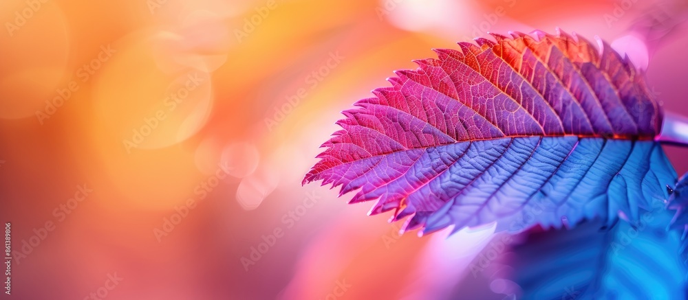 Poster macro photo of a colorful flower leaf with a blurred background in copy space image.