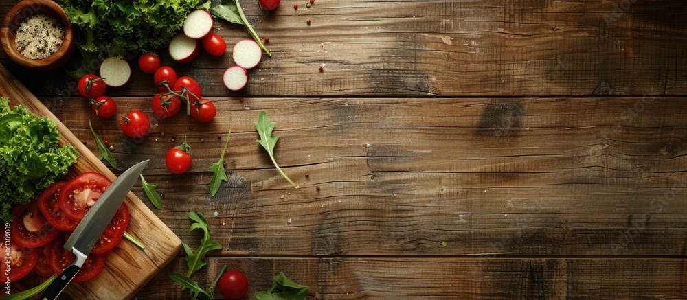 Poster Top view of a kitchen table with a fresh vegetable salad being prepared. Tomatoes and turnips being cut on a wooden board with empty space for an image. copy space available
