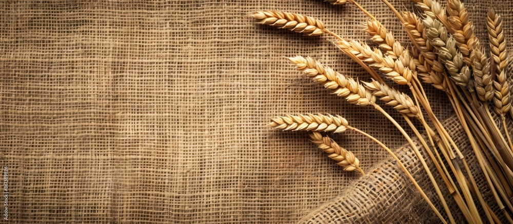 Poster Rustic scene with wheat ears on burlap backdrop including a canvas background for a copy space image.