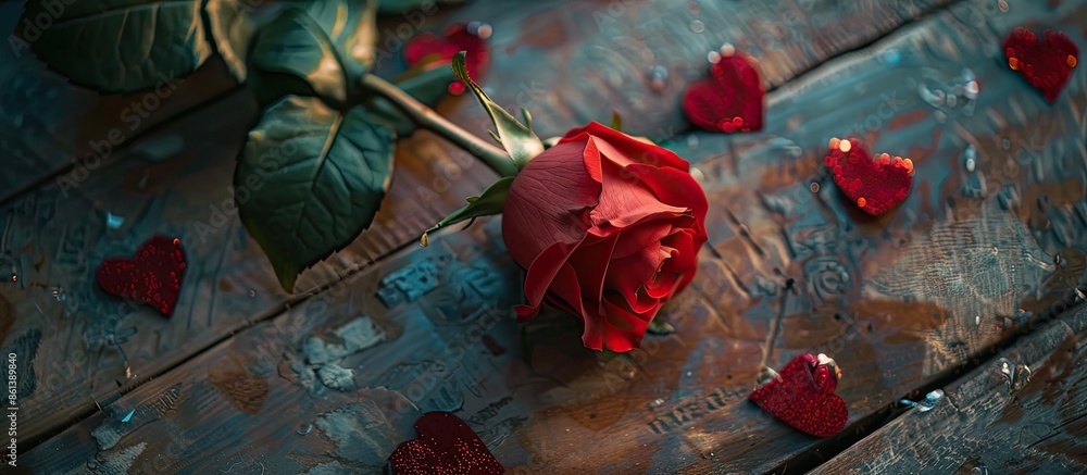 Aufkleber top-down view of a valentine's day scene with a rose and heart on a table, allowing for text or imag