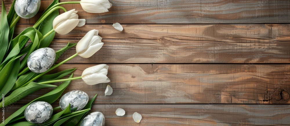 Poster colorful silver easter eggs and tulips set on a brown wooden backdrop in a top view composition with