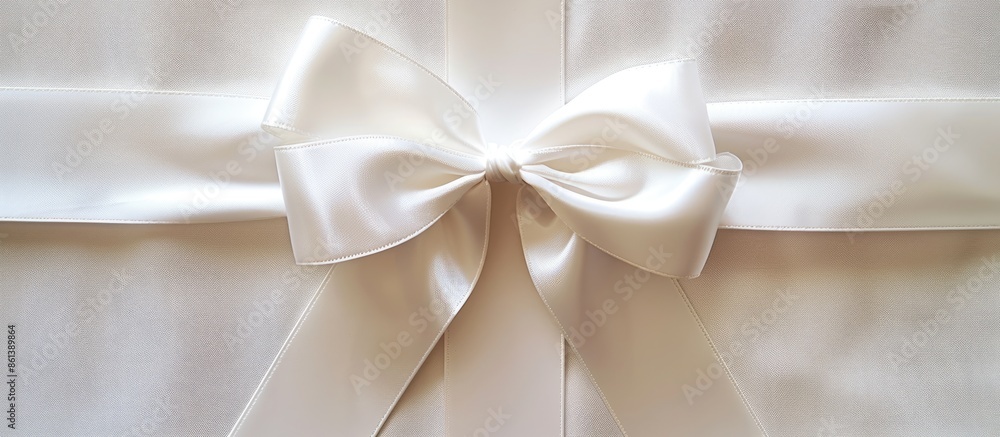 Poster White ribbon with matching bow for Christmas presents displayed on a white background with available copy space image.