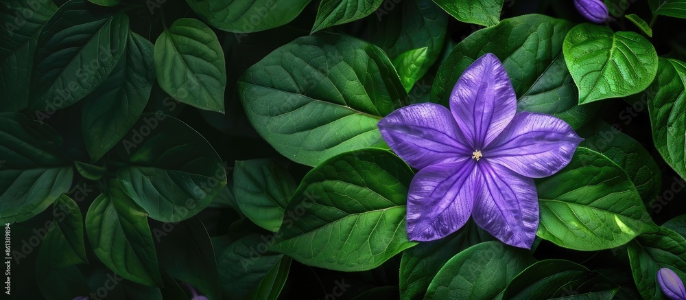 Poster a gorgeous violet flower with green leaves on a background designed for copy space image.