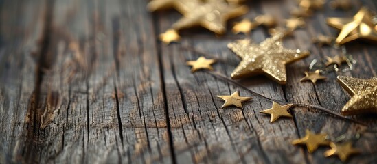 Golden stars forming a chain decoration on a grey wooden table create a festive Christmas backdrop with ample copy space image.