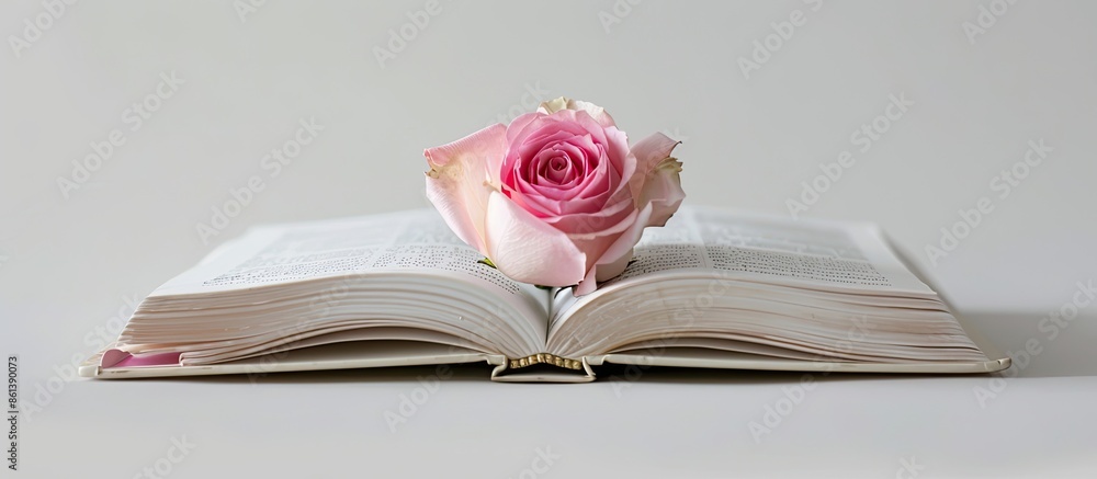 Poster a white background features an open book with a pink rose atop it, creating a serene and elegant cop