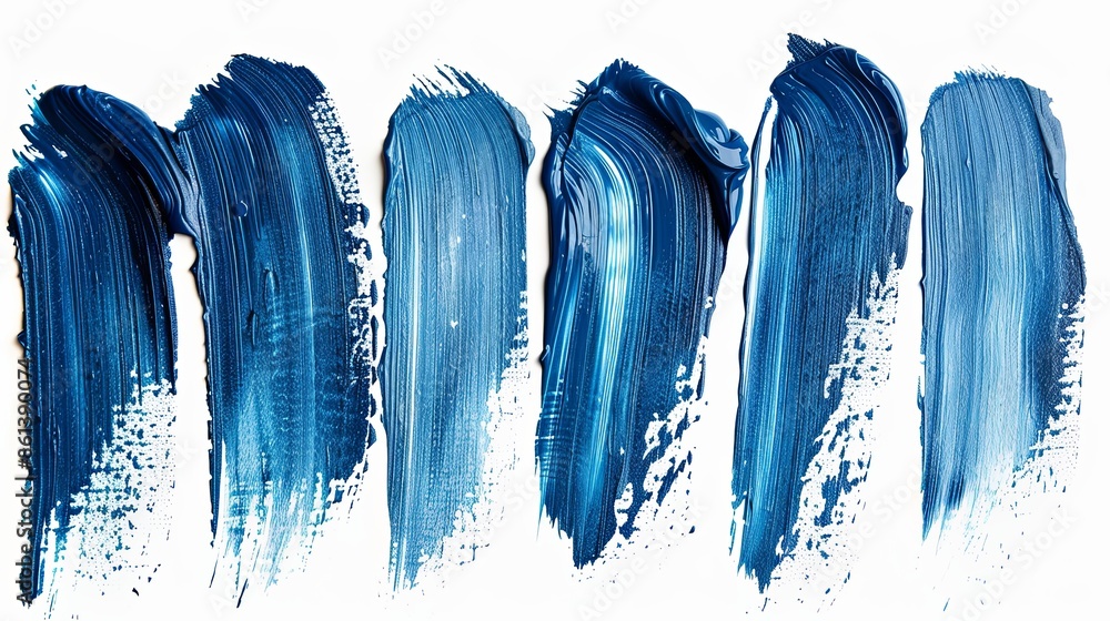 Sticker set of blue brush stroke, white background, no paintbrush