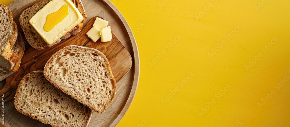 Poster top view of wholegrain bread on a cutting board with butter on a plate, set against a yellow backgro