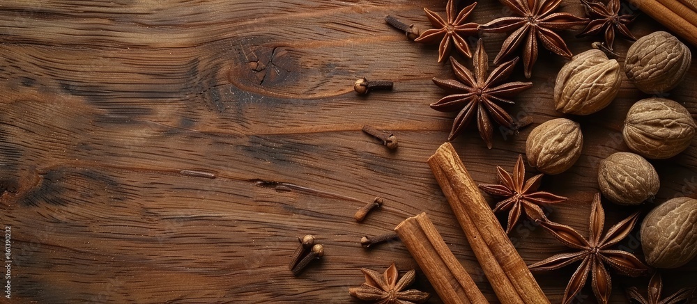 Poster Aromatic anise star and nutmeg placed on a wooden surface with cinnamon sticks, creating a visually appealing copy space image.