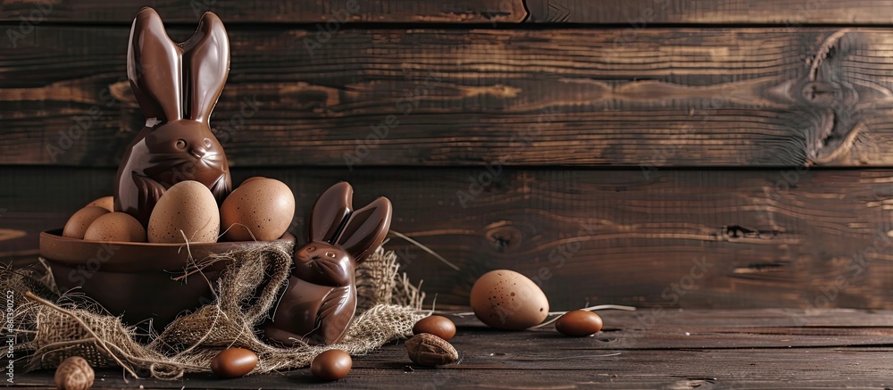 Poster delicious easter treats like chocolate bunny and eggs against a rustic backdrop with copy space imag