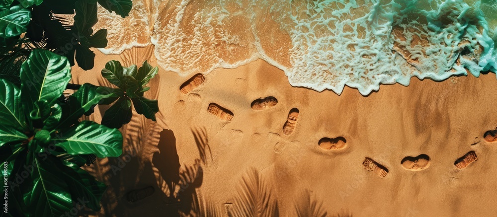 Aufkleber summer day on a sandy beach captured from above with footprints visible, creating a vacation-themed 