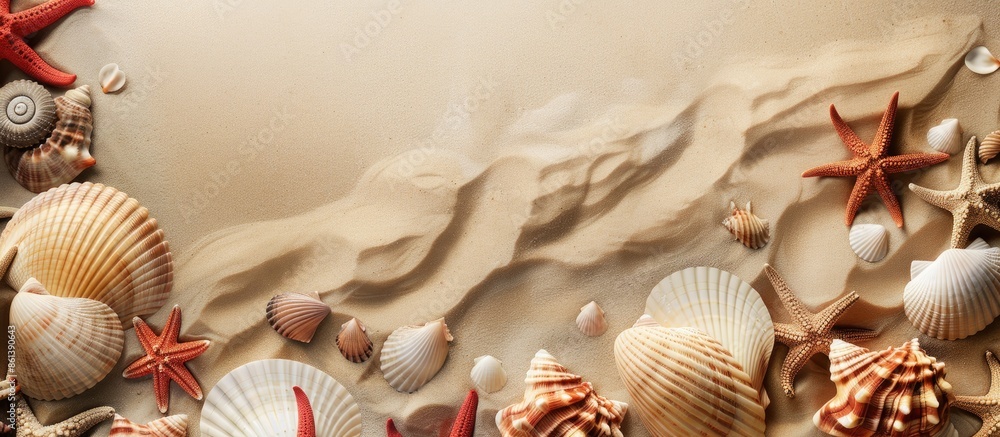 Poster Seashells and starfish border on sandy summer background with ample copy space image.