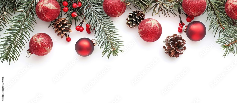 Poster a festive display of pine branches and christmas balls against a plain white backdrop creates a char