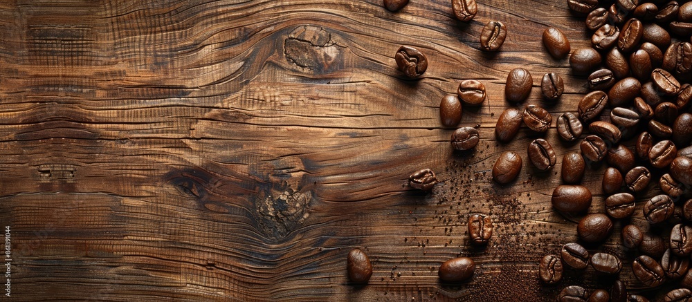 Poster A rustic wooden backdrop with coffee beans and ample copy space image.