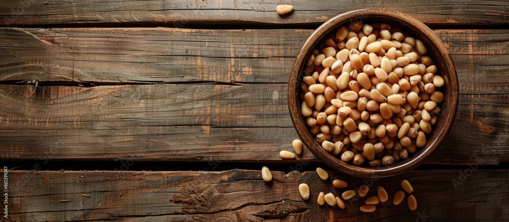 Poster top view of a bowl with pine nuts on a wooden background, providing space for a text overlay or othe