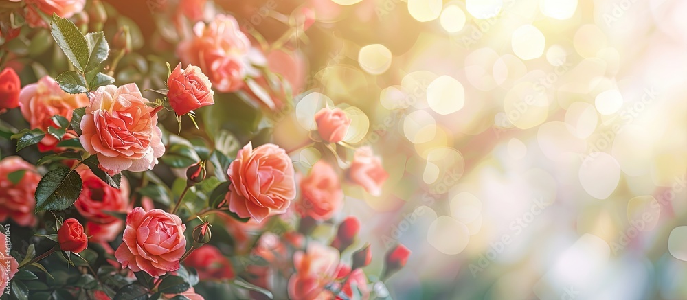 Aufkleber lush rose garden with a blurred background, offering space for text in the image. copy space availab
